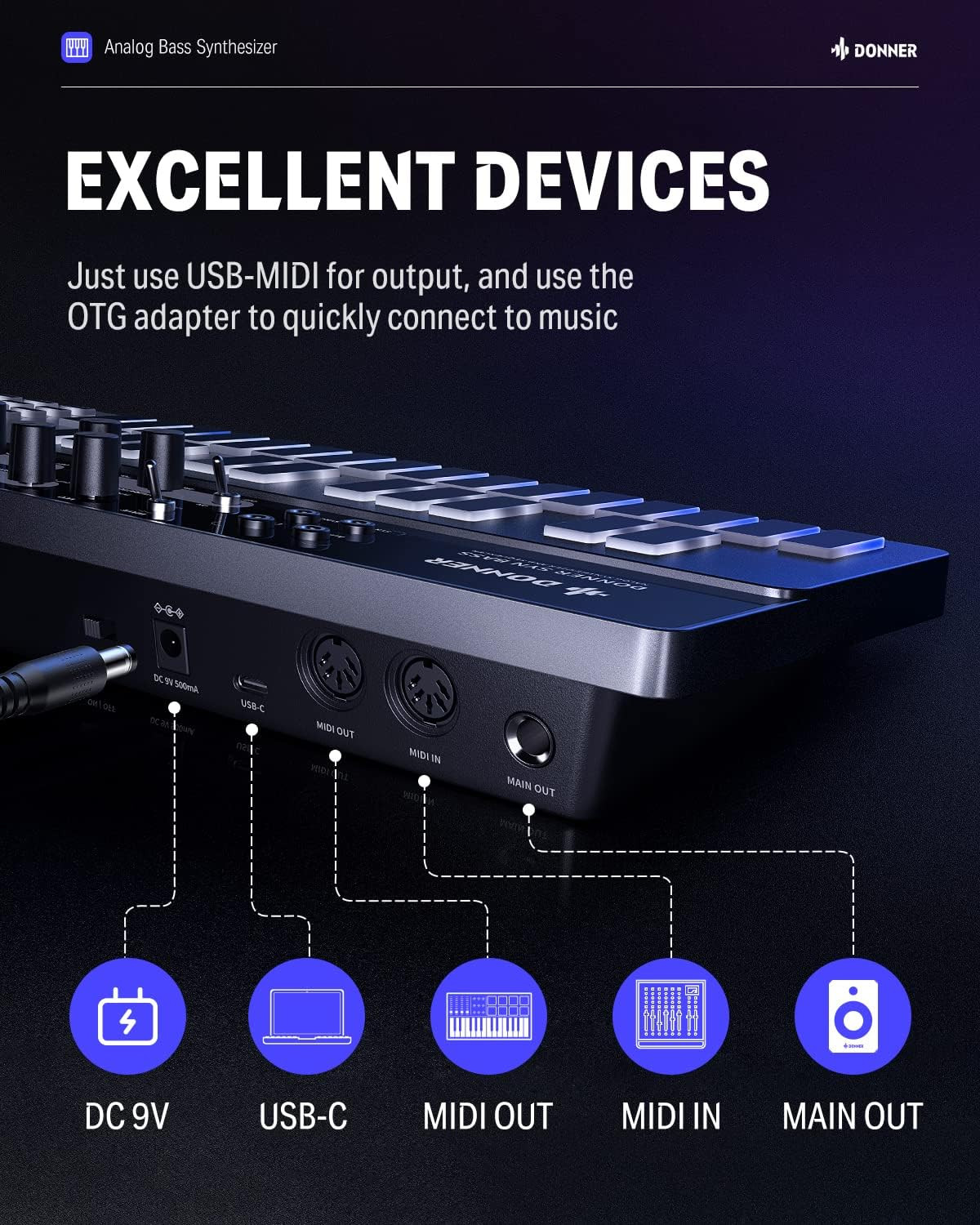 Galerijní obrázek č.2 Syntezátory, varhany, virtuální nástroje DONNER B1 Analog Bass Synthesizer & Sequencer